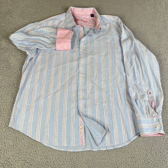 Tommy Bahama Shirt Mens 3XL Blue Pink Striped Button Flip Cuff Cotton Golf - Picture 1 of 14